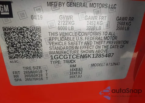 2019 Chevrolet Colorado Lt из США, поврежденный, VIN 1GCGTCEN6K1285487